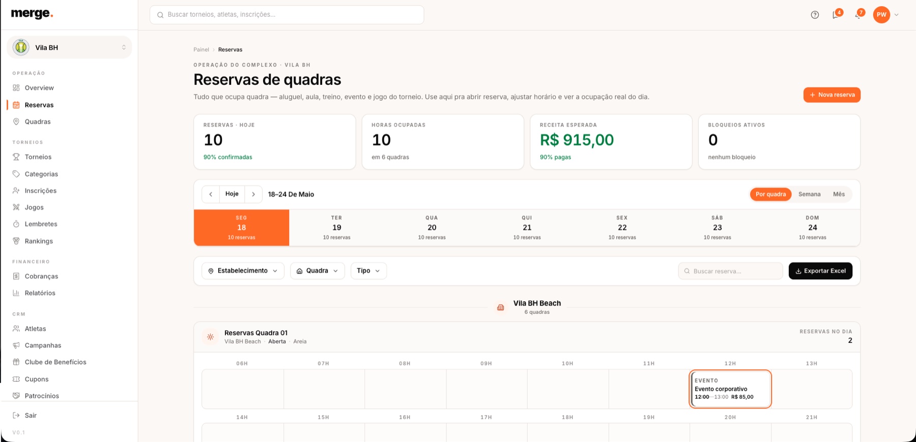 Reserva e gestão de quadras do clube esportivo